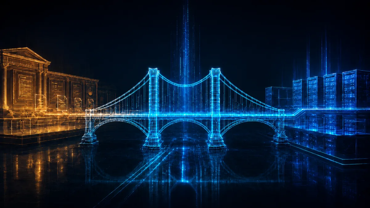 Puente ENVX conectando gobierno (edificio clásico, izquierda) con ejecución tecnológica (data center, derecha)
